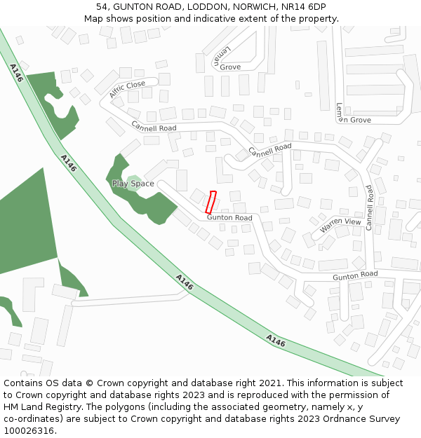 54, GUNTON ROAD, LODDON, NORWICH, NR14 6DP: Location map and indicative extent of plot