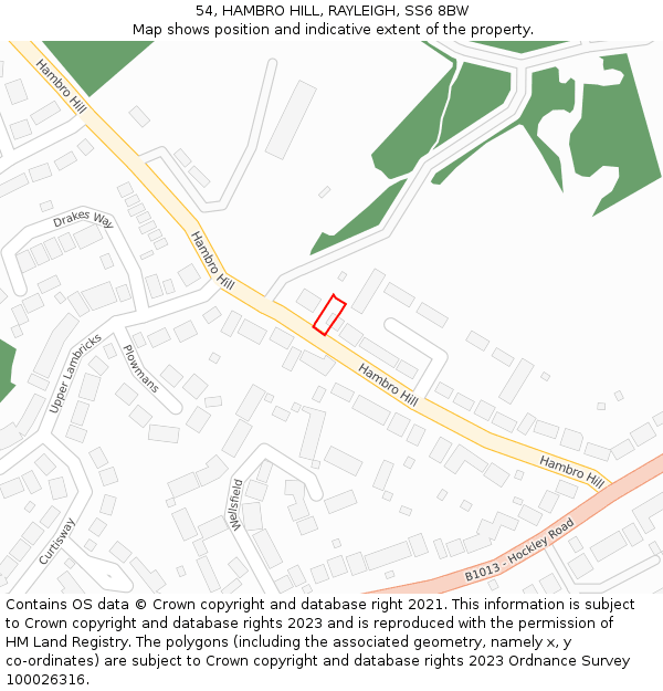54, HAMBRO HILL, RAYLEIGH, SS6 8BW: Location map and indicative extent of plot