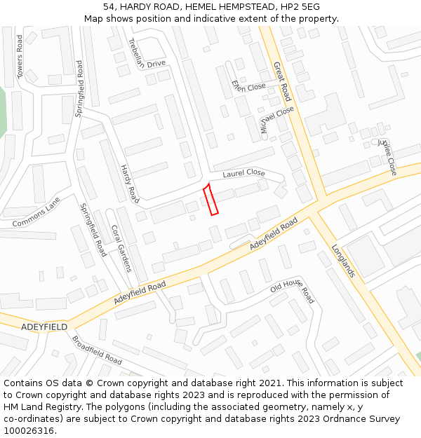 54, HARDY ROAD, HEMEL HEMPSTEAD, HP2 5EG: Location map and indicative extent of plot