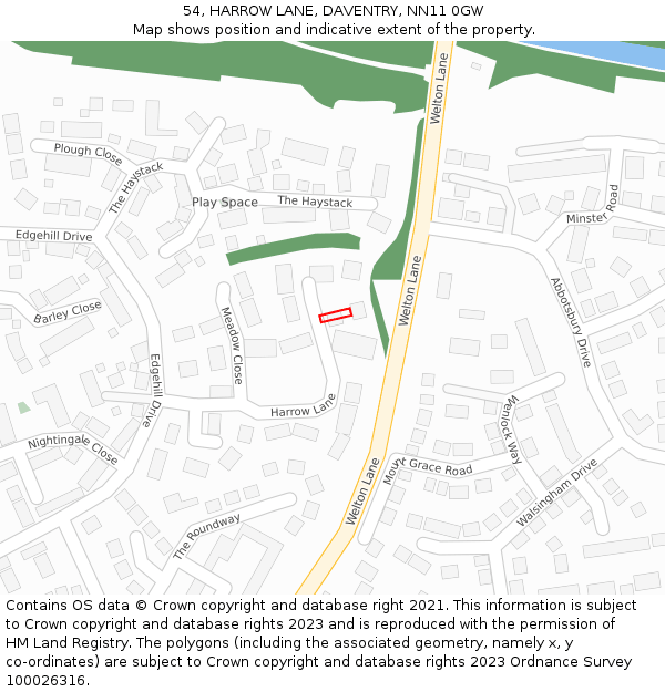 54, HARROW LANE, DAVENTRY, NN11 0GW: Location map and indicative extent of plot