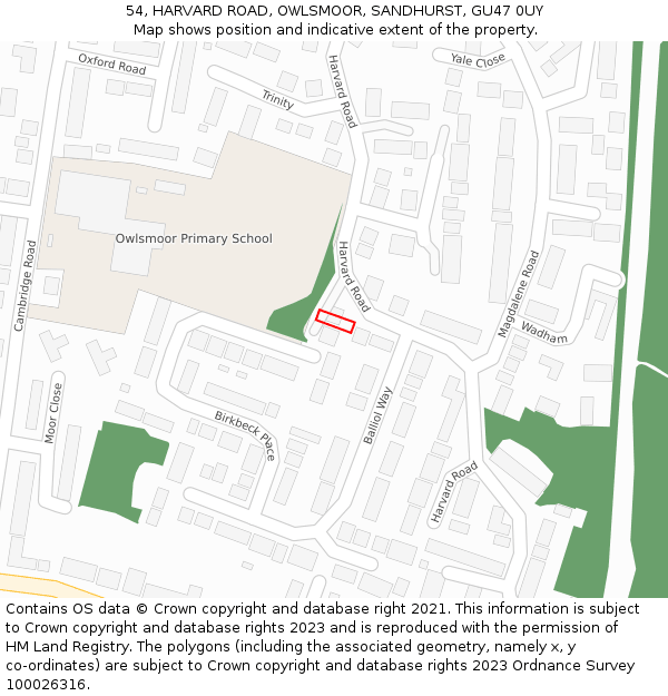 54, HARVARD ROAD, OWLSMOOR, SANDHURST, GU47 0UY: Location map and indicative extent of plot