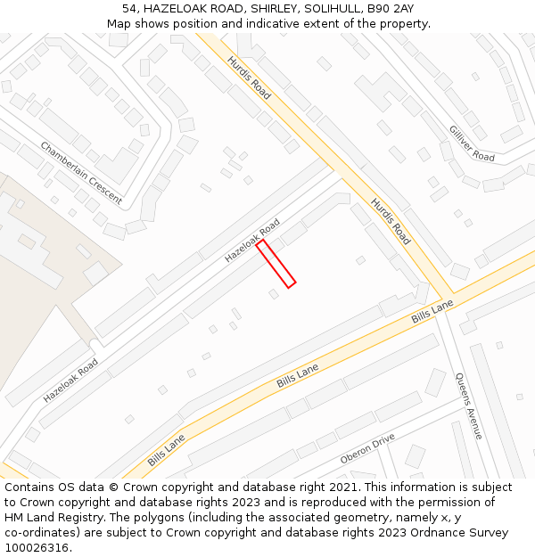 54, HAZELOAK ROAD, SHIRLEY, SOLIHULL, B90 2AY: Location map and indicative extent of plot