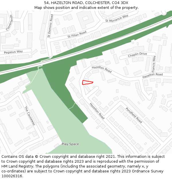54, HAZELTON ROAD, COLCHESTER, CO4 3DX: Location map and indicative extent of plot