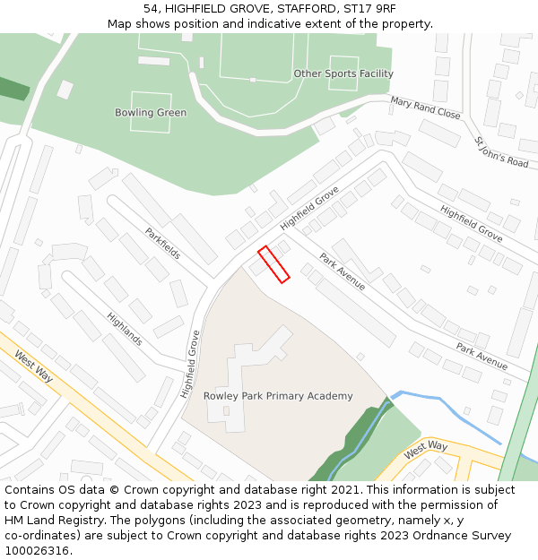 54, HIGHFIELD GROVE, STAFFORD, ST17 9RF: Location map and indicative extent of plot