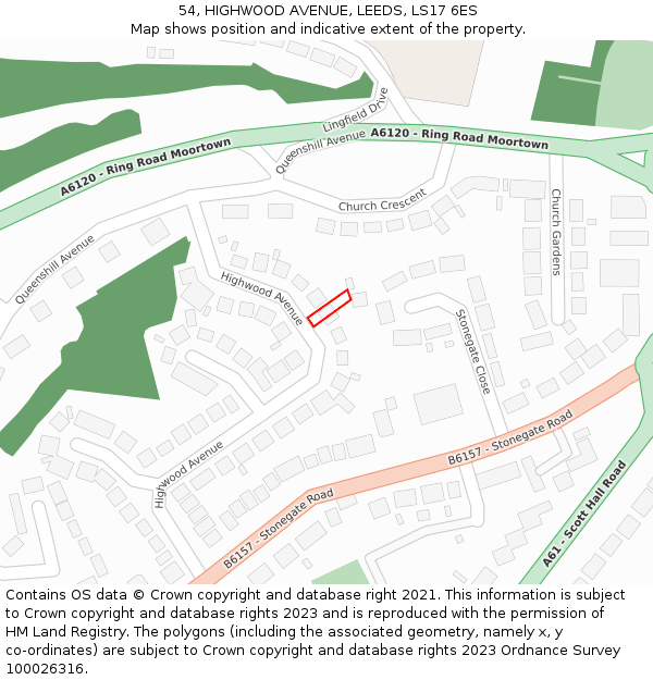 54, HIGHWOOD AVENUE, LEEDS, LS17 6ES: Location map and indicative extent of plot