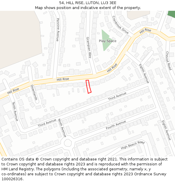 54, HILL RISE, LUTON, LU3 3EE: Location map and indicative extent of plot
