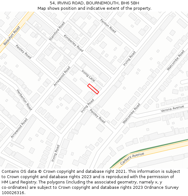 54, IRVING ROAD, BOURNEMOUTH, BH6 5BH: Location map and indicative extent of plot