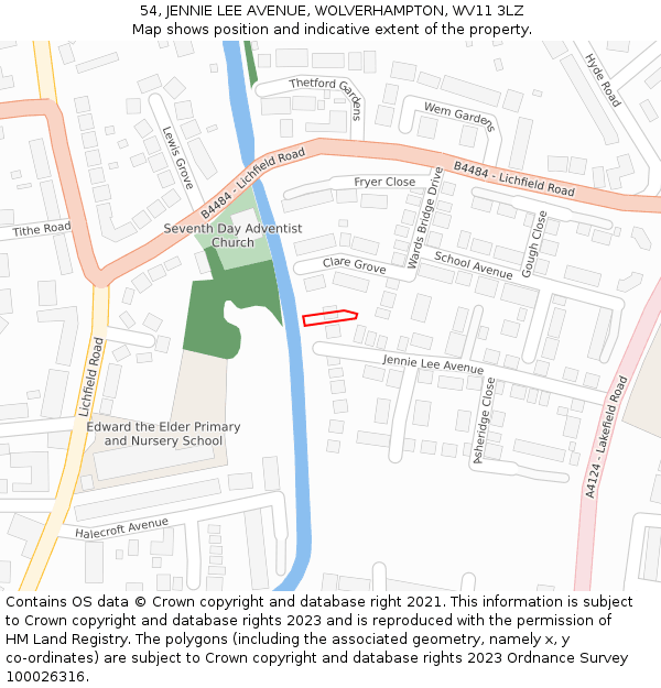 54, JENNIE LEE AVENUE, WOLVERHAMPTON, WV11 3LZ: Location map and indicative extent of plot