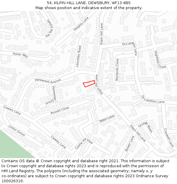 54, KILPIN HILL LANE, DEWSBURY, WF13 4BS: Location map and indicative extent of plot