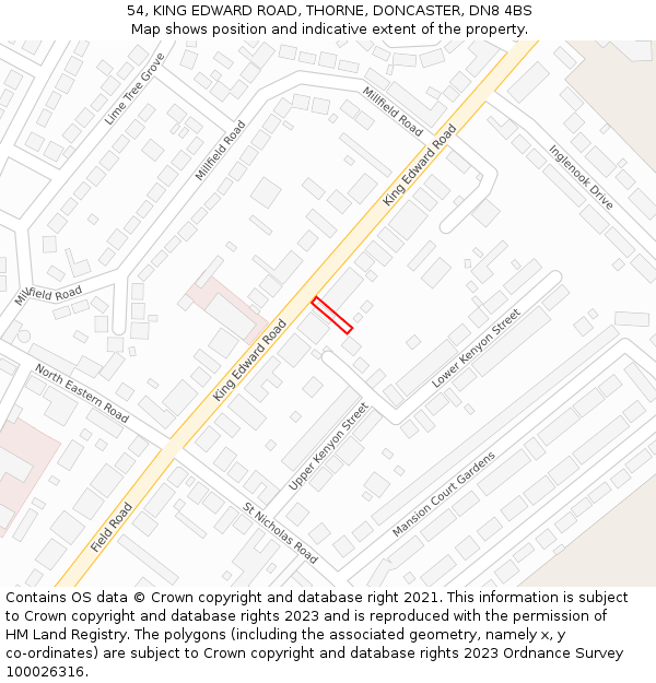 54, KING EDWARD ROAD, THORNE, DONCASTER, DN8 4BS: Location map and indicative extent of plot