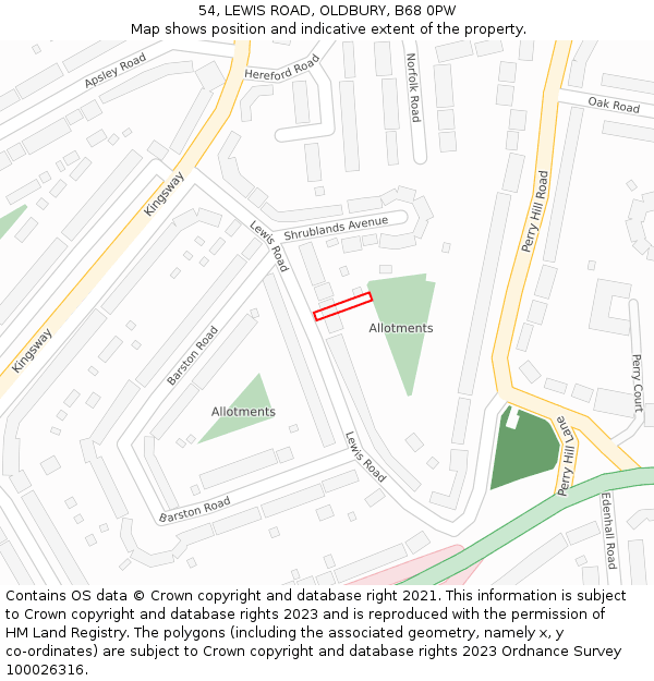 54, LEWIS ROAD, OLDBURY, B68 0PW: Location map and indicative extent of plot