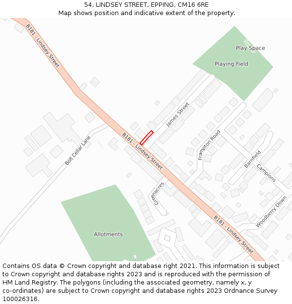 54, LINDSEY STREET, EPPING, CM16 6RE: Location map and indicative extent of plot