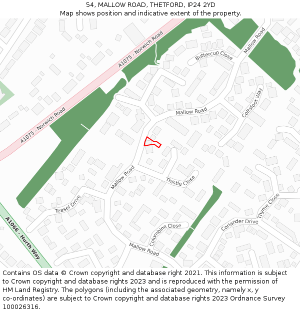 54, MALLOW ROAD, THETFORD, IP24 2YD: Location map and indicative extent of plot