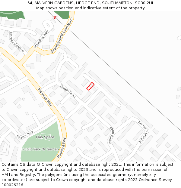 54, MALVERN GARDENS, HEDGE END, SOUTHAMPTON, SO30 2UL: Location map and indicative extent of plot