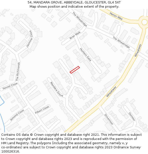54, MANDARA GROVE, ABBEYDALE, GLOUCESTER, GL4 5XT: Location map and indicative extent of plot