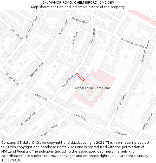 54, MANOR ROAD, CHELMSFORD, CM2 0EP: Location map and indicative extent of plot