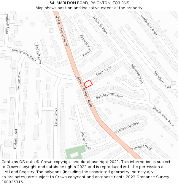 54, MARLDON ROAD, PAIGNTON, TQ3 3NS: Location map and indicative extent of plot