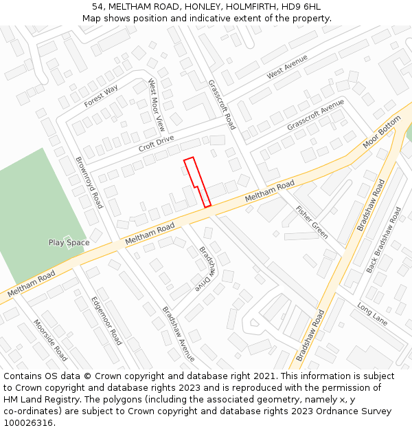 54, MELTHAM ROAD, HONLEY, HOLMFIRTH, HD9 6HL: Location map and indicative extent of plot