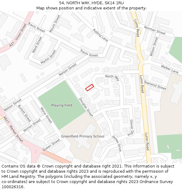 54, NORTH WAY, HYDE, SK14 1RU: Location map and indicative extent of plot