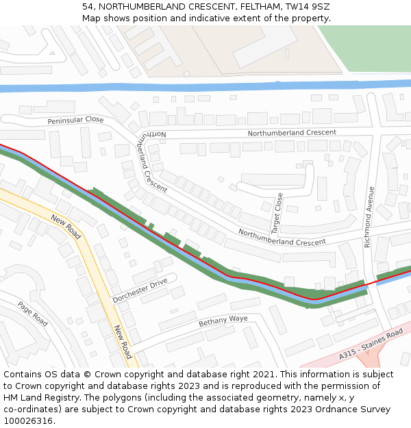 54, NORTHUMBERLAND CRESCENT, FELTHAM, TW14 9SZ: Location map and indicative extent of plot