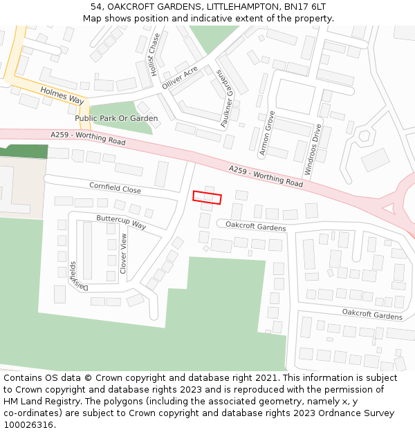 54, OAKCROFT GARDENS, LITTLEHAMPTON, BN17 6LT: Location map and indicative extent of plot