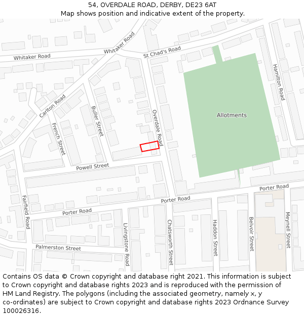 54, OVERDALE ROAD, DERBY, DE23 6AT: Location map and indicative extent of plot