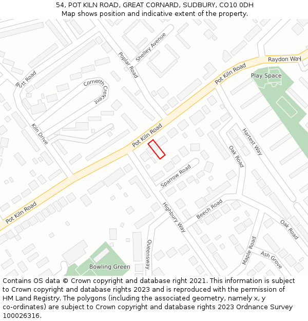 54, POT KILN ROAD, GREAT CORNARD, SUDBURY, CO10 0DH: Location map and indicative extent of plot