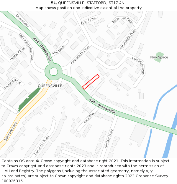 54, QUEENSVILLE, STAFFORD, ST17 4NL: Location map and indicative extent of plot