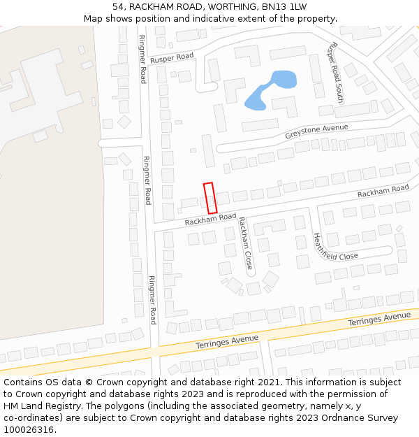 54, RACKHAM ROAD, WORTHING, BN13 1LW: Location map and indicative extent of plot