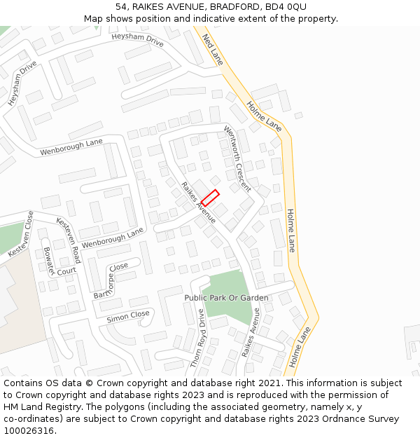 54, RAIKES AVENUE, BRADFORD, BD4 0QU: Location map and indicative extent of plot