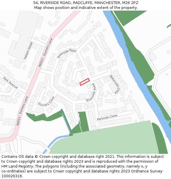 54, RIVERSIDE ROAD, RADCLIFFE, MANCHESTER, M26 2PZ: Location map and indicative extent of plot