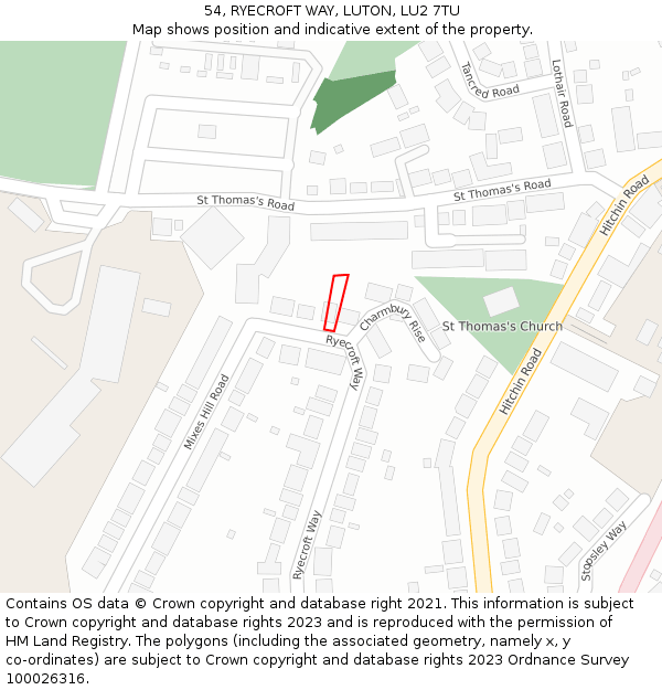 54, RYECROFT WAY, LUTON, LU2 7TU: Location map and indicative extent of plot