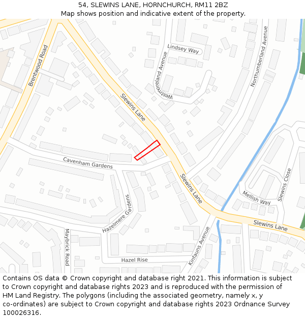 54, SLEWINS LANE, HORNCHURCH, RM11 2BZ: Location map and indicative extent of plot