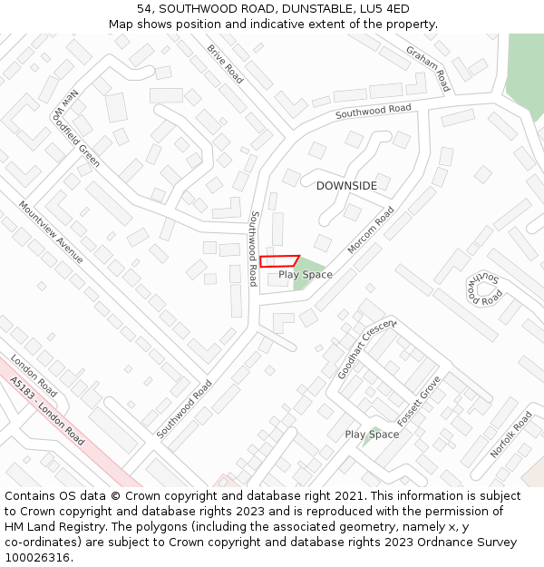 54, SOUTHWOOD ROAD, DUNSTABLE, LU5 4ED: Location map and indicative extent of plot
