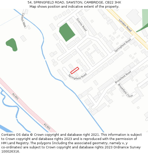 54, SPRINGFIELD ROAD, SAWSTON, CAMBRIDGE, CB22 3HX: Location map and indicative extent of plot