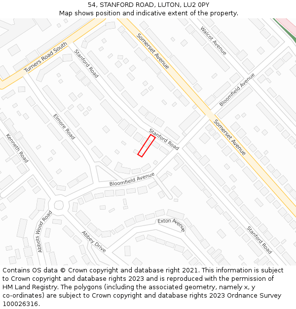 54, STANFORD ROAD, LUTON, LU2 0PY: Location map and indicative extent of plot