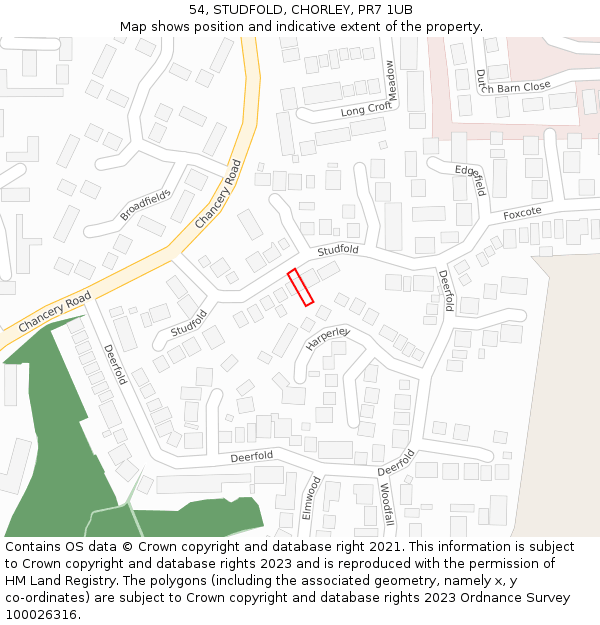 54, STUDFOLD, CHORLEY, PR7 1UB: Location map and indicative extent of plot