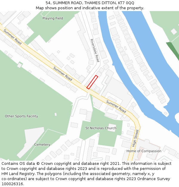 54, SUMMER ROAD, THAMES DITTON, KT7 0QQ: Location map and indicative extent of plot