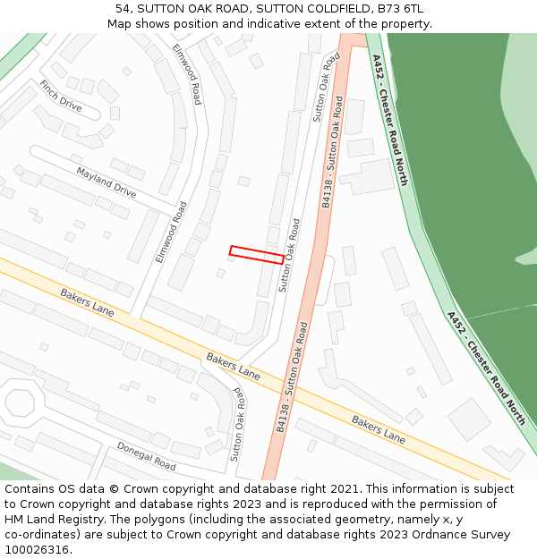 54, SUTTON OAK ROAD, SUTTON COLDFIELD, B73 6TL: Location map and indicative extent of plot