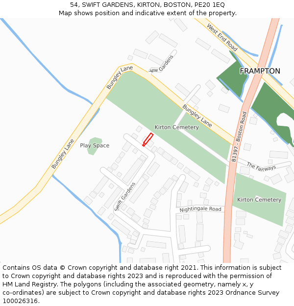 54, SWIFT GARDENS, KIRTON, BOSTON, PE20 1EQ: Location map and indicative extent of plot