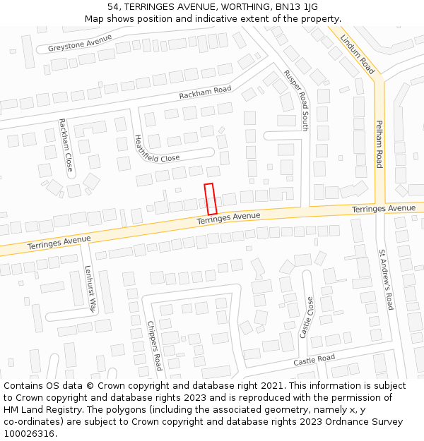 54, TERRINGES AVENUE, WORTHING, BN13 1JG: Location map and indicative extent of plot