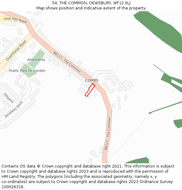 54, THE COMMON, DEWSBURY, WF12 0LJ: Location map and indicative extent of plot