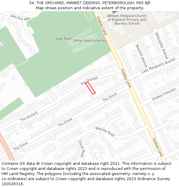 54, THE ORCHARD, MARKET DEEPING, PETERBOROUGH, PE6 8JR: Location map and indicative extent of plot