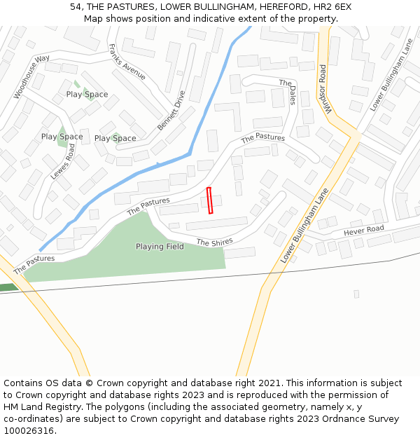 54, THE PASTURES, LOWER BULLINGHAM, HEREFORD, HR2 6EX: Location map and indicative extent of plot