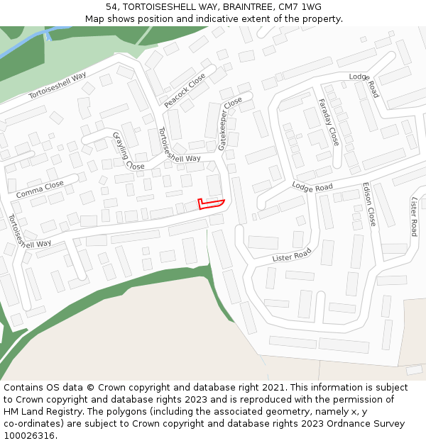 54, TORTOISESHELL WAY, BRAINTREE, CM7 1WG: Location map and indicative extent of plot