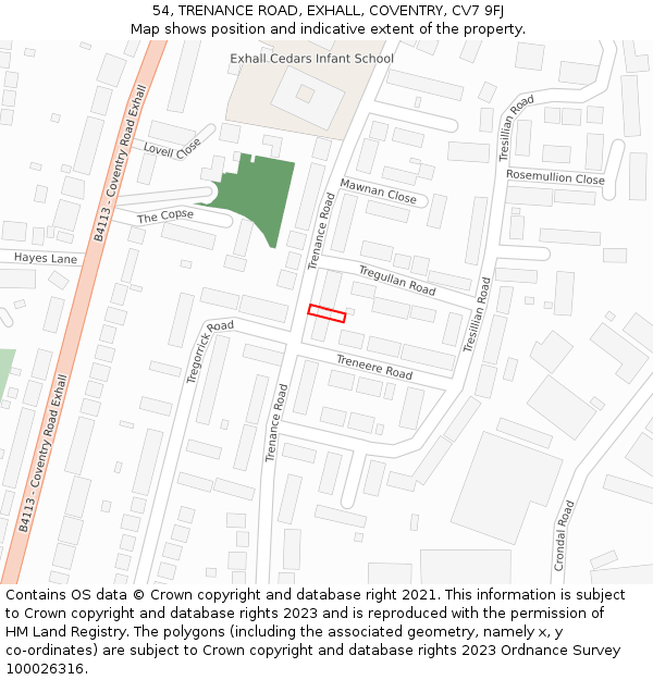 54, TRENANCE ROAD, EXHALL, COVENTRY, CV7 9FJ: Location map and indicative extent of plot