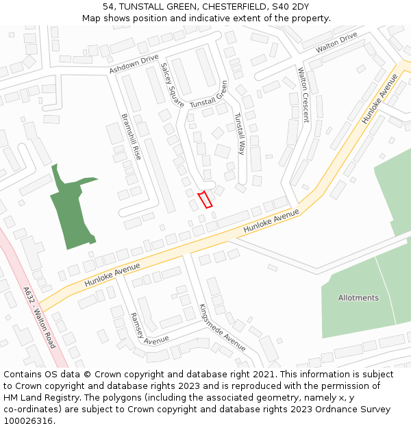 54, TUNSTALL GREEN, CHESTERFIELD, S40 2DY: Location map and indicative extent of plot