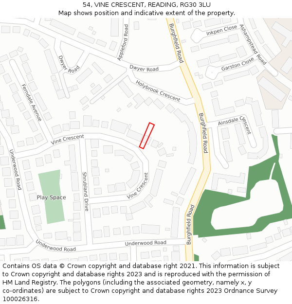 54, VINE CRESCENT, READING, RG30 3LU: Location map and indicative extent of plot
