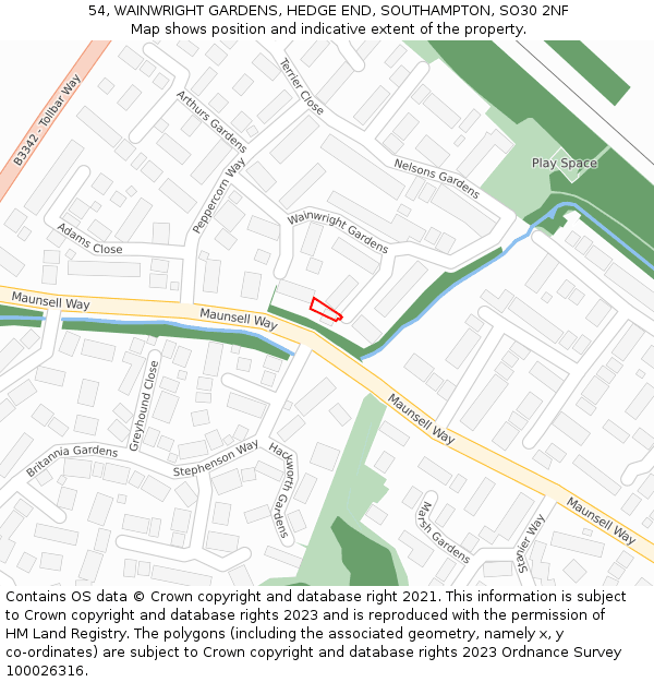 54, WAINWRIGHT GARDENS, HEDGE END, SOUTHAMPTON, SO30 2NF: Location map and indicative extent of plot