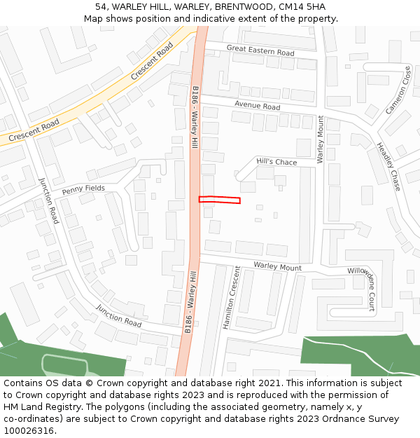 54, WARLEY HILL, WARLEY, BRENTWOOD, CM14 5HA: Location map and indicative extent of plot